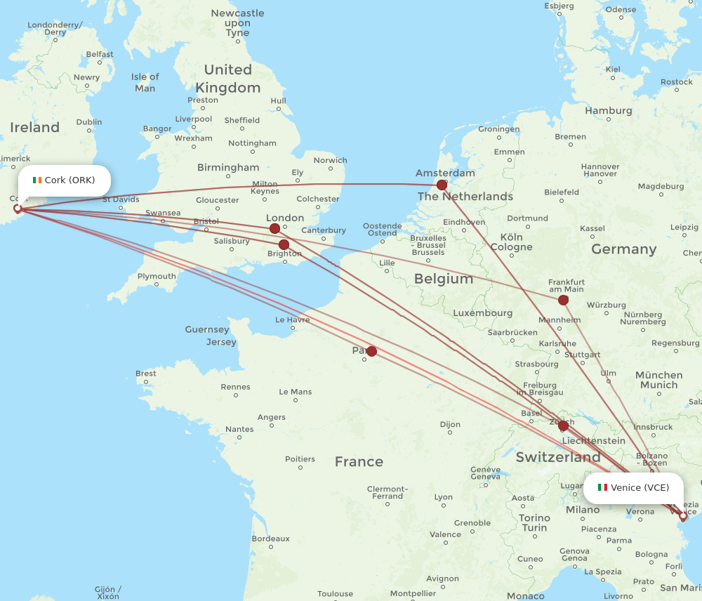 VCE to ORK flights and routes map