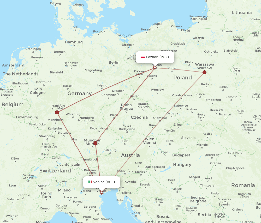 VCE to POZ flights and routes map