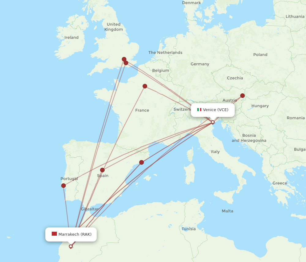 VCE to RAK flights and routes map