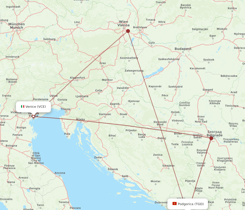 VCE to TGD flights and routes map