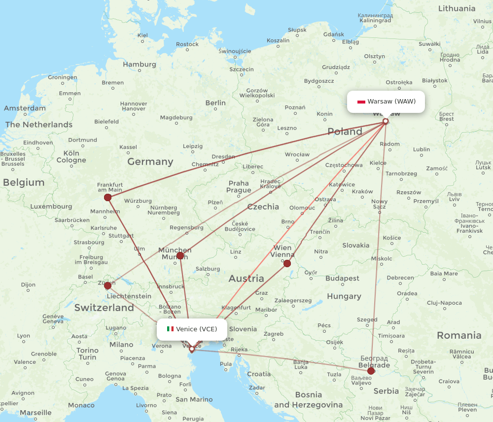 VCE to WAW flights and routes map