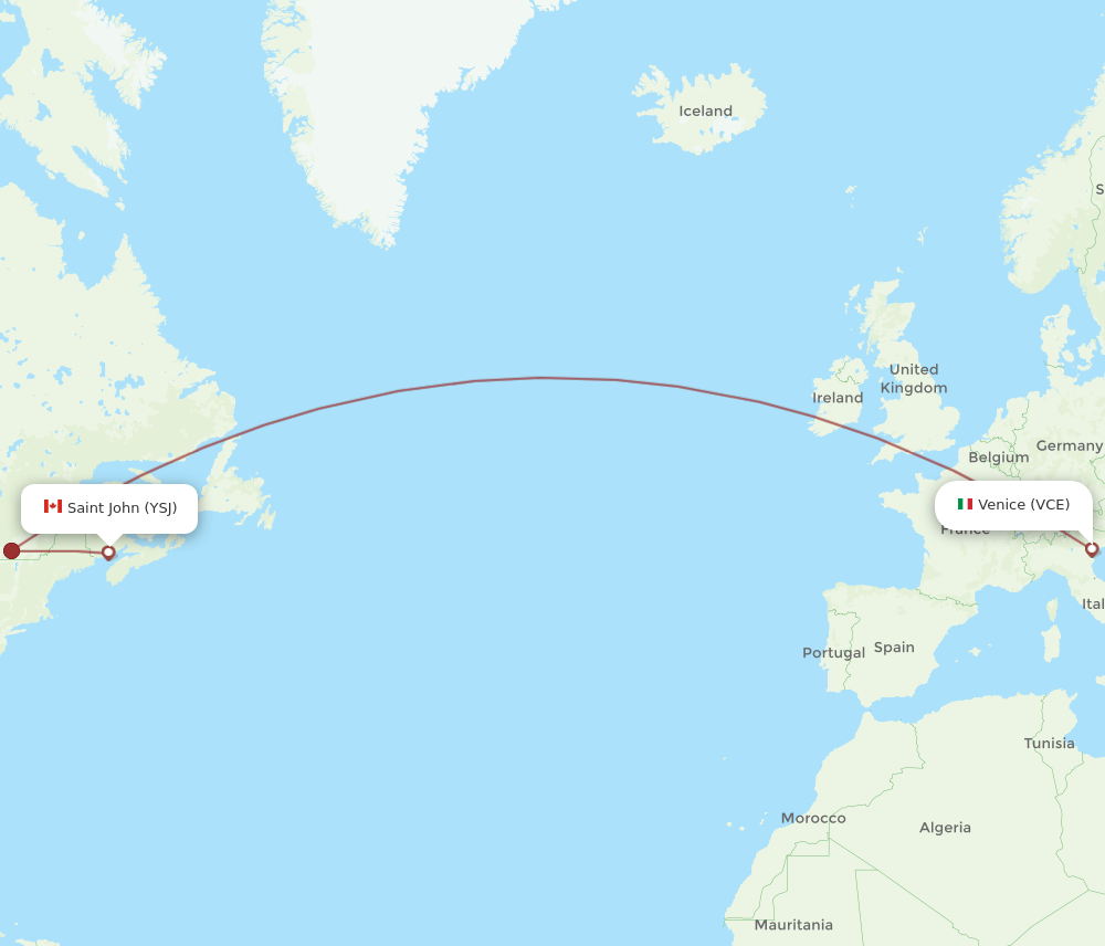 Venice - Saint John route map and flight paths