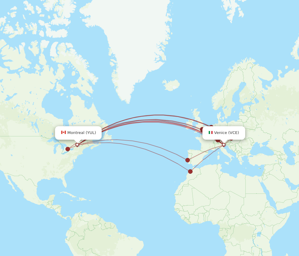 Montreal - Venice route map and flight paths