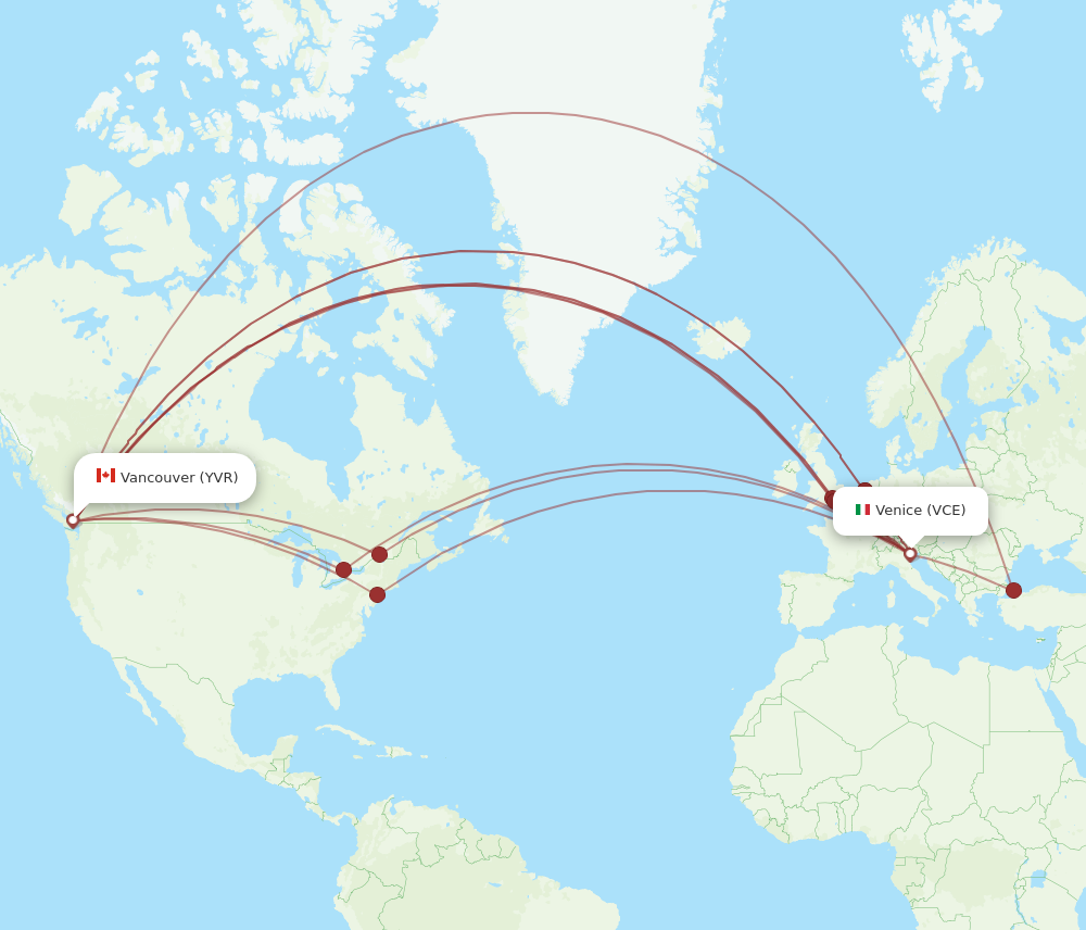 YVR to VCE flights and routes map