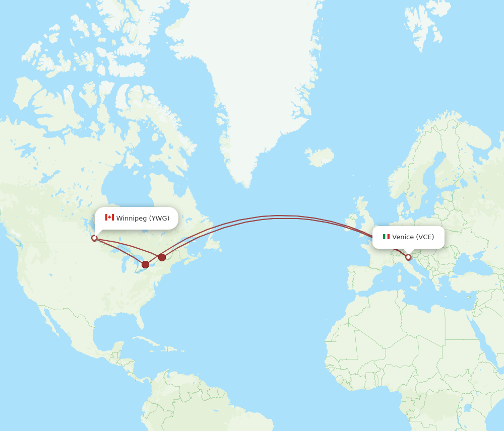 Winnipeg - Venice route map and flight paths
