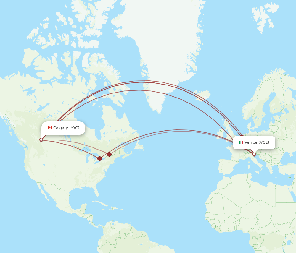 Calgary - Venice route map and flight paths