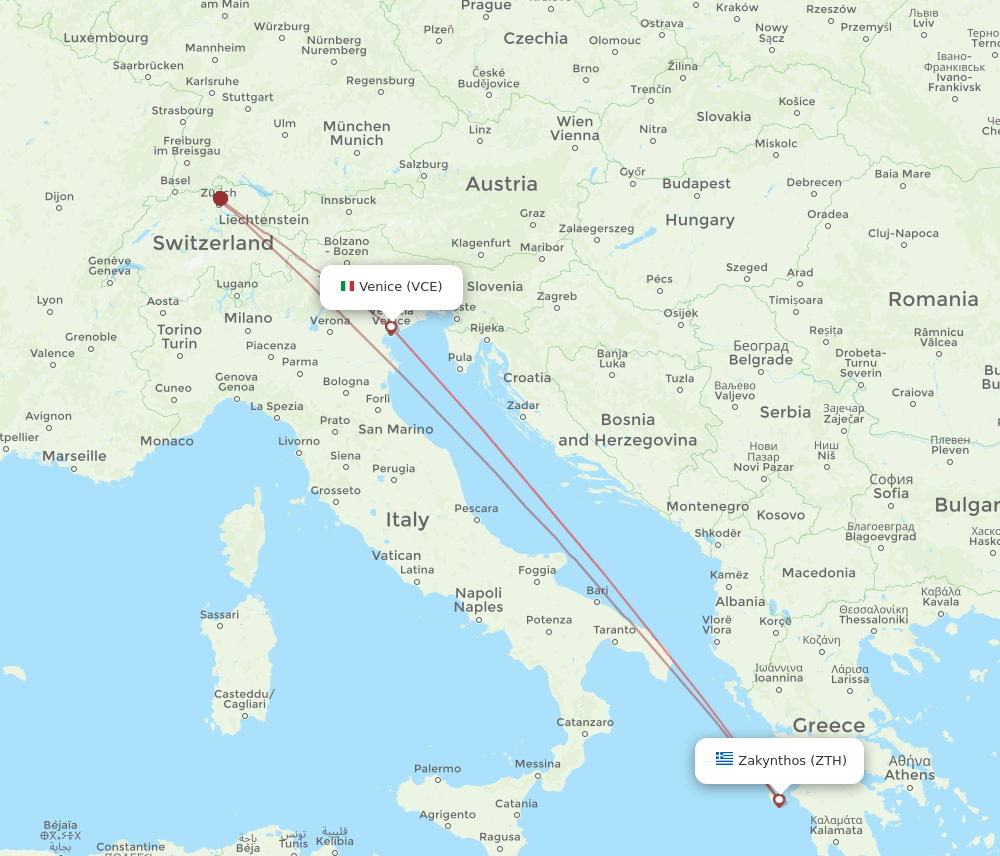 ZTH to VCE flights and routes map