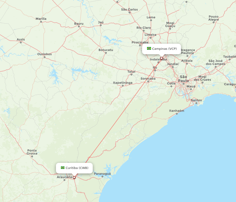 Campinas - Curitiba route map and flight paths