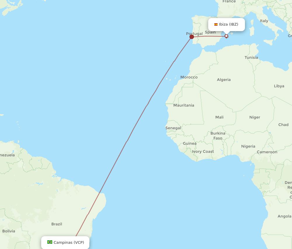 Ibiza - Campinas route map and flight paths
