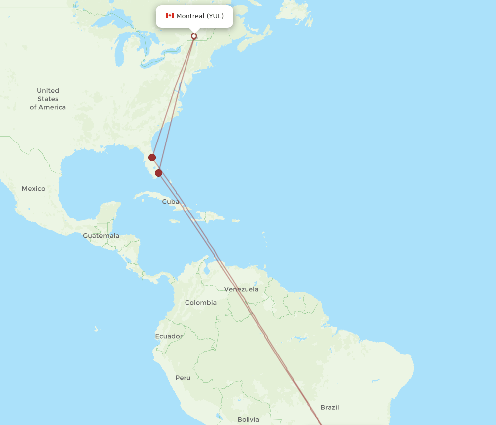 Montreal - Campinas route map and flight paths