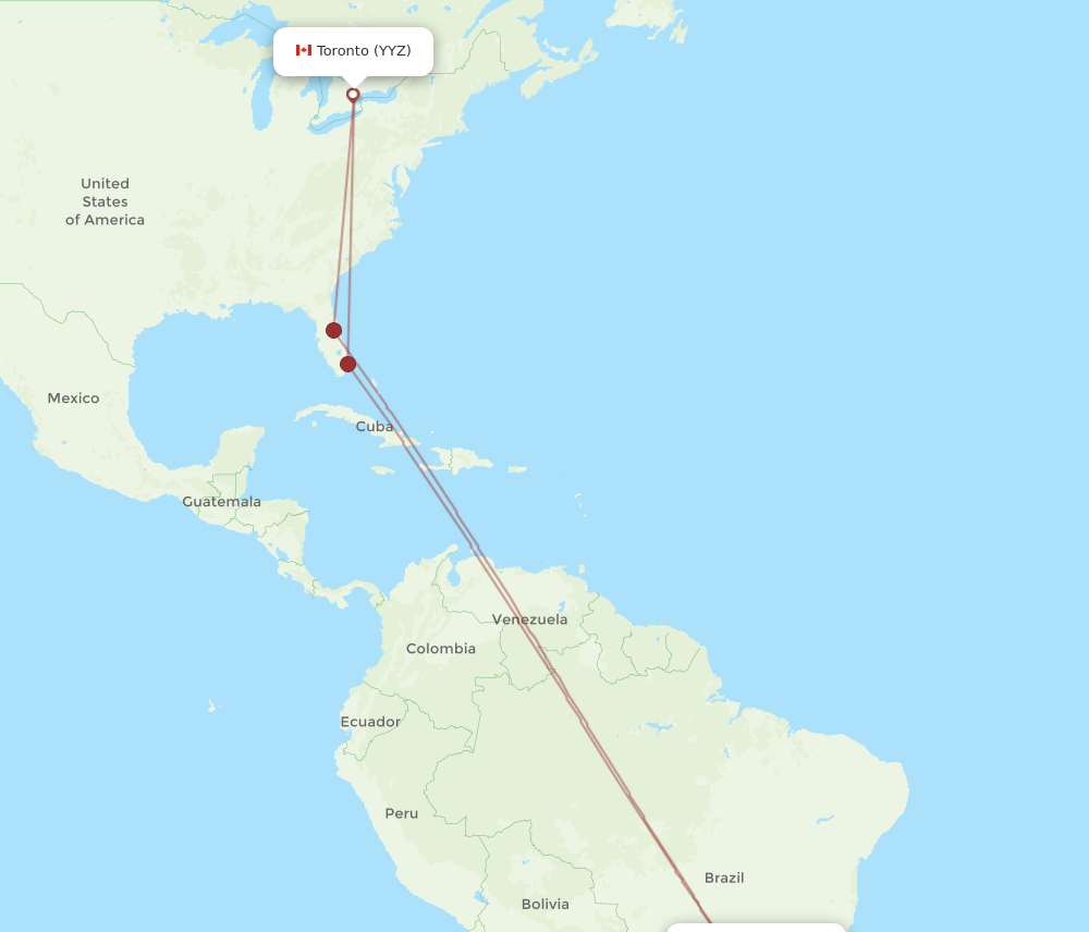 Toronto - Campinas route map and flight paths