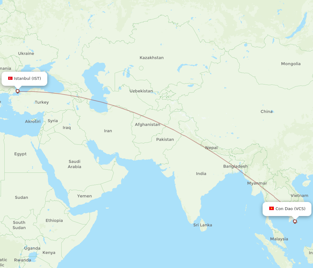 Istanbul - Con Dao route map and flight paths