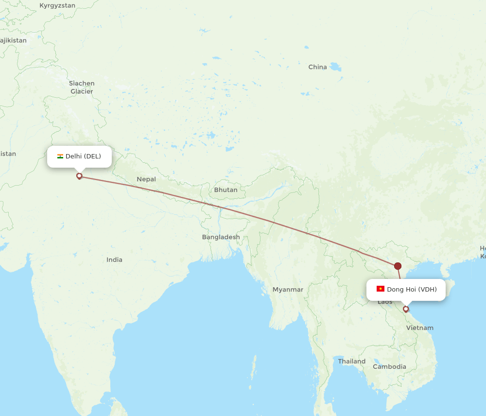 Delhi - Dong Hoi route map and flight paths