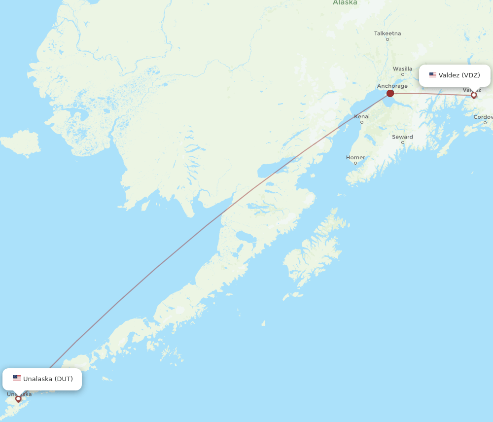 Valdez - Dutch Harbor route map and flight paths