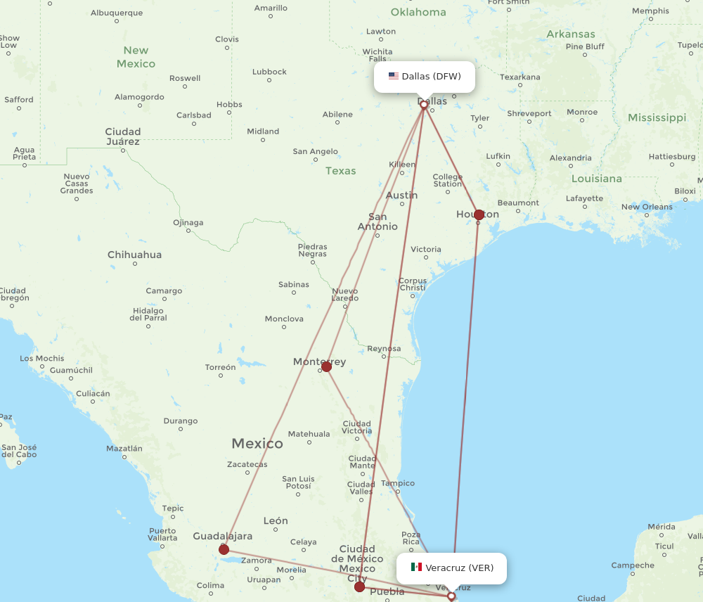 VER to DFW flights and routes map