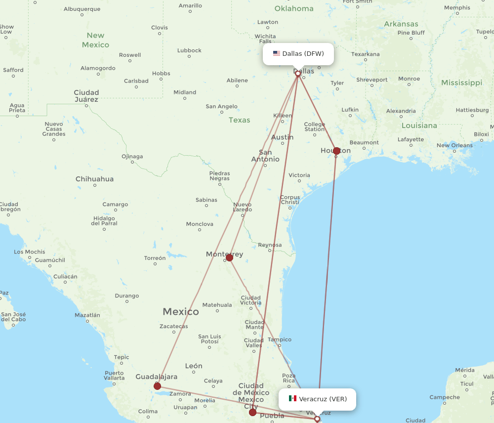 VER to DFW flights and routes map