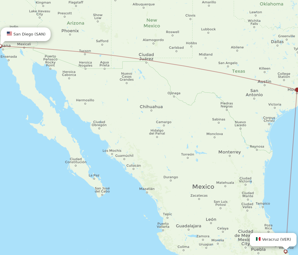 San Diego - Veracruz route map and flight paths