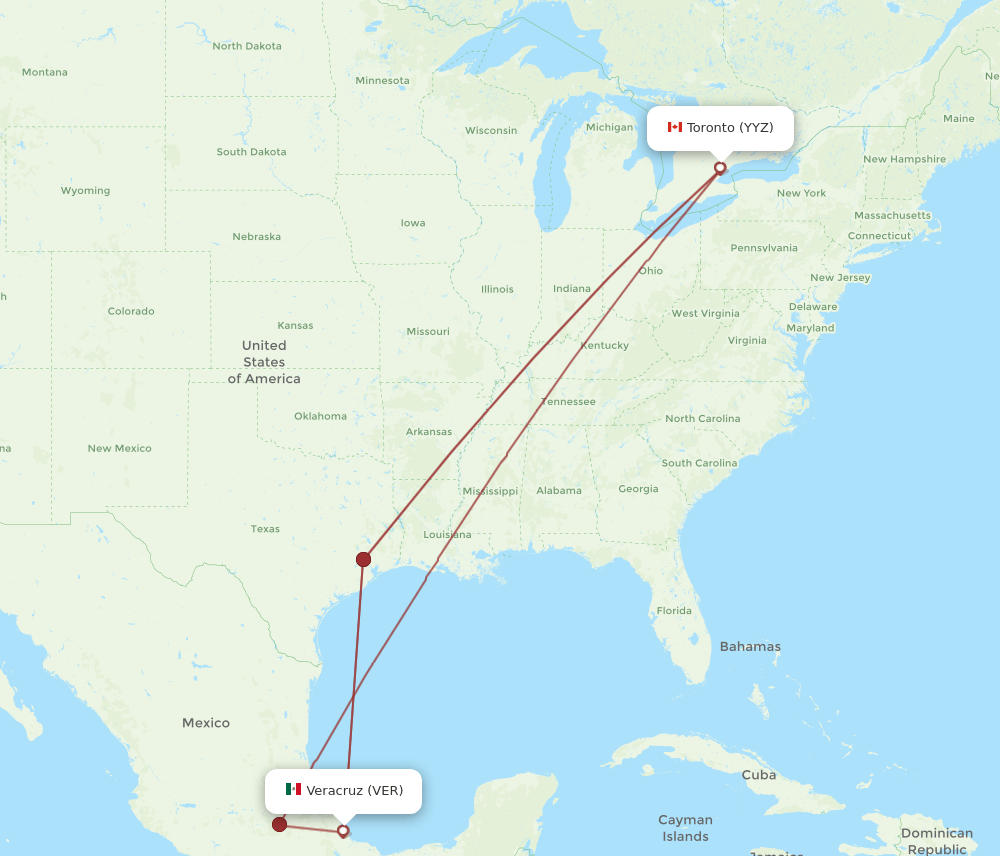 Toronto - Veracruz route map and flight paths