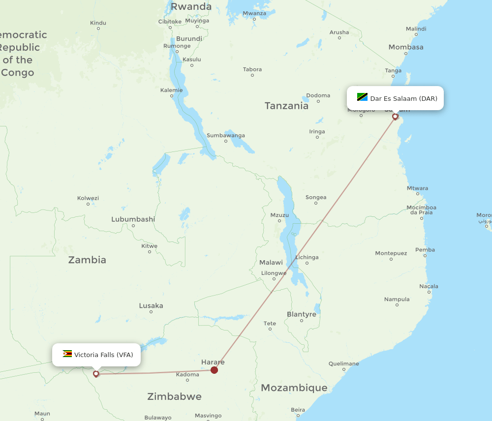 Dar Es Salaam - Victoria Falls route map and flight paths