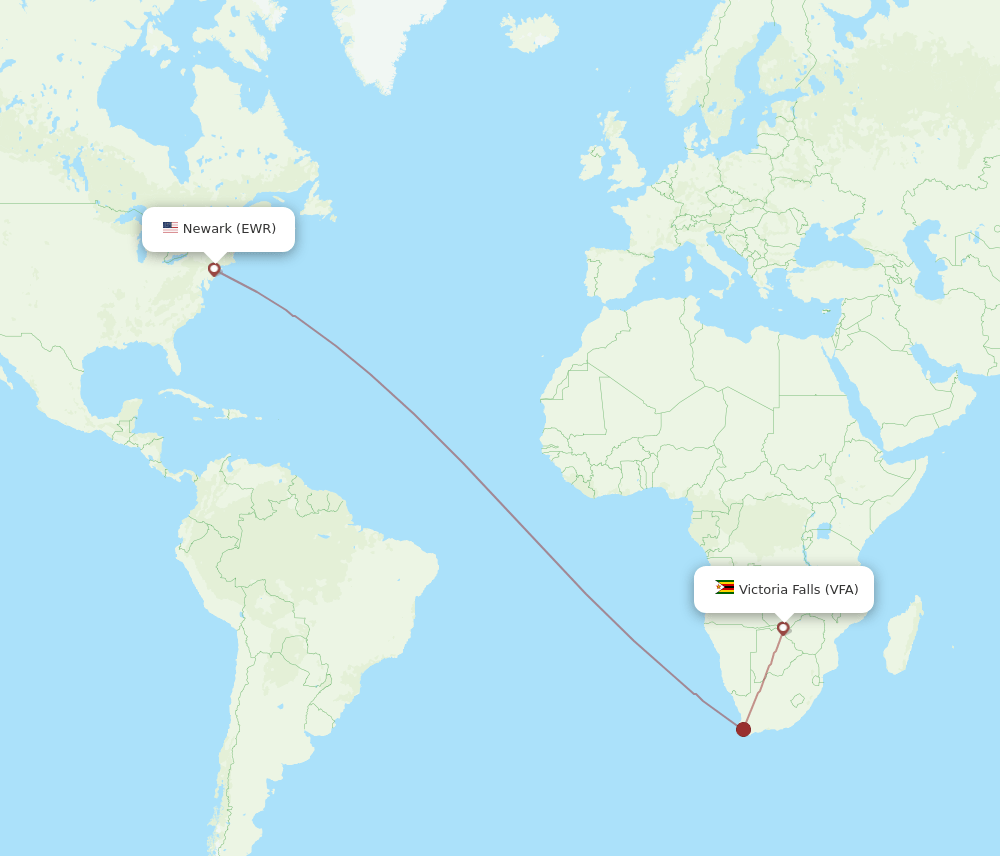New York - Victoria Falls route map and flight paths