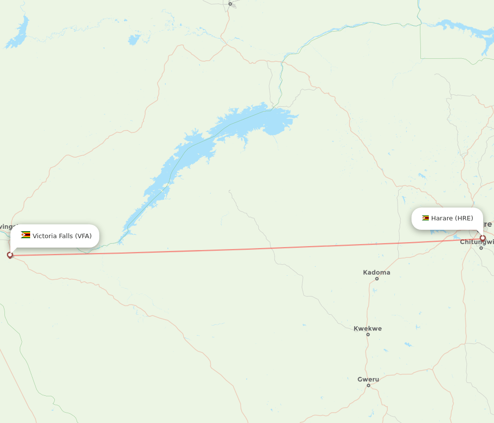 Victoria Falls - Harare route map and flight paths