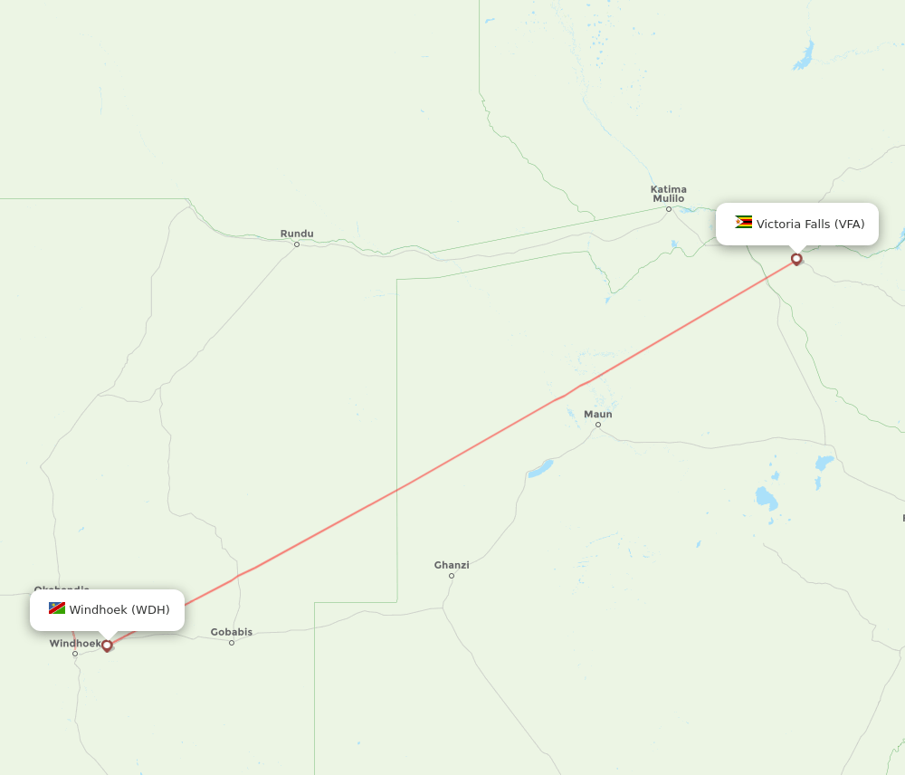 Victoria Falls - Windhoek route map and flight paths