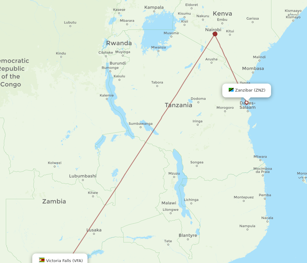 Zanzibar - Victoria Falls route map and flight paths