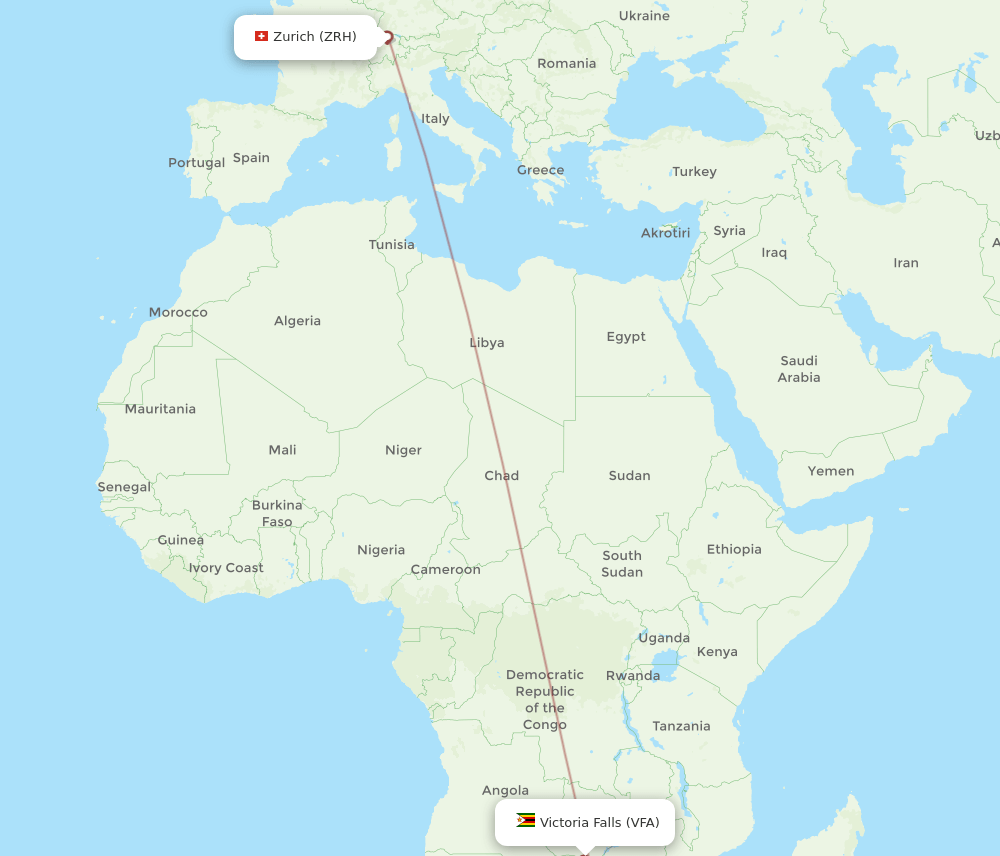 Zurich - Victoria Falls route map and flight paths