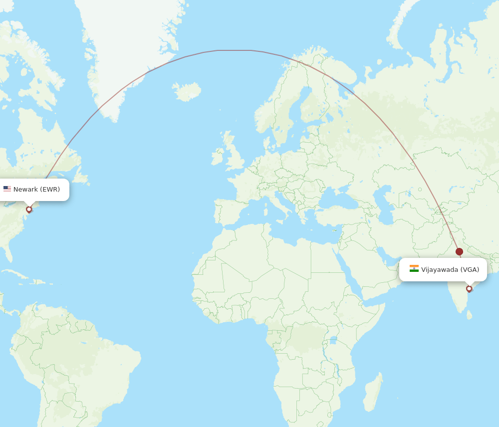 New York - Vijayawada route map and flight paths