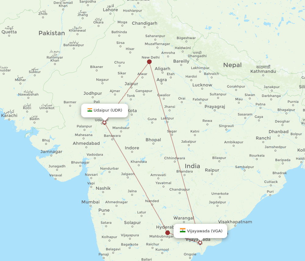 VGA to UDR flights and routes map