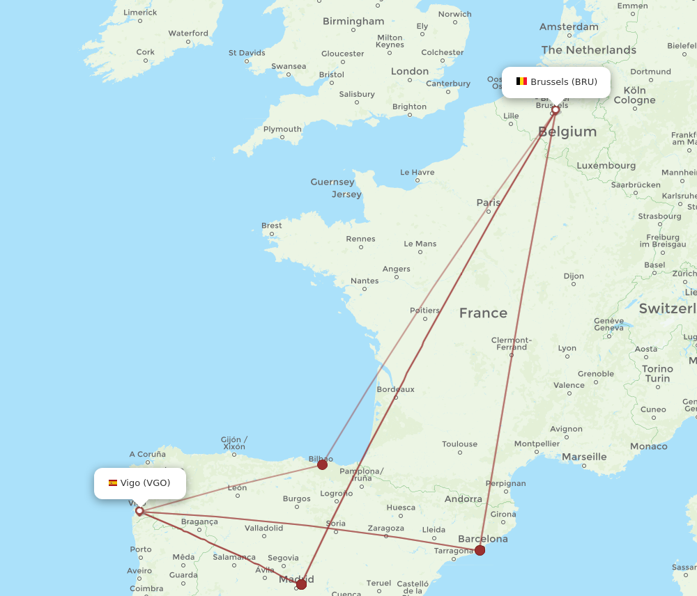 VGO to BRU flights and routes map