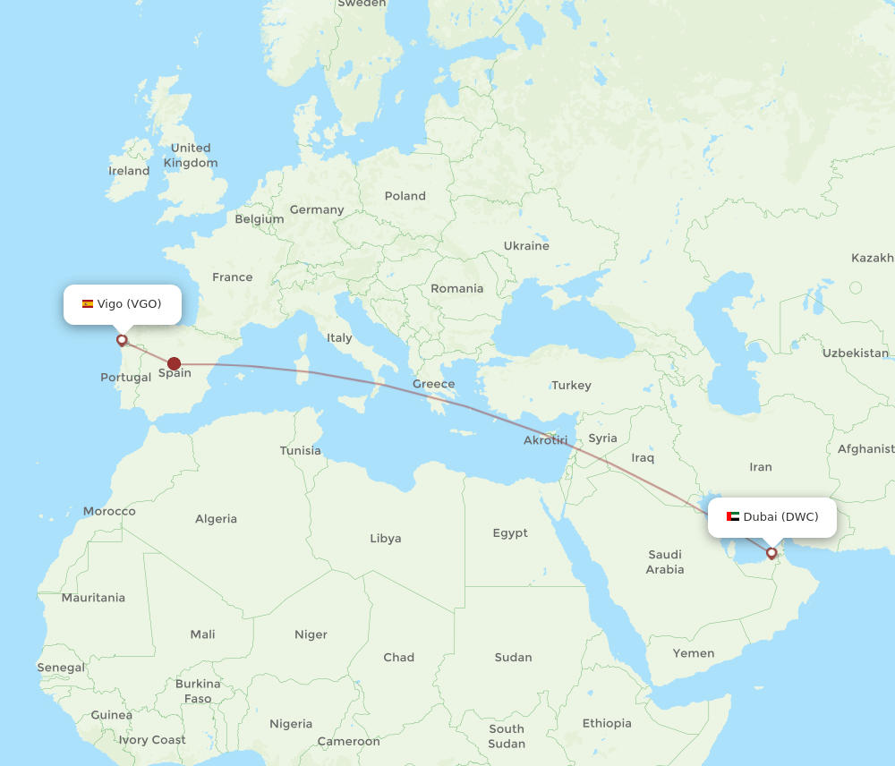 Vigo - Dubai route map and flight paths