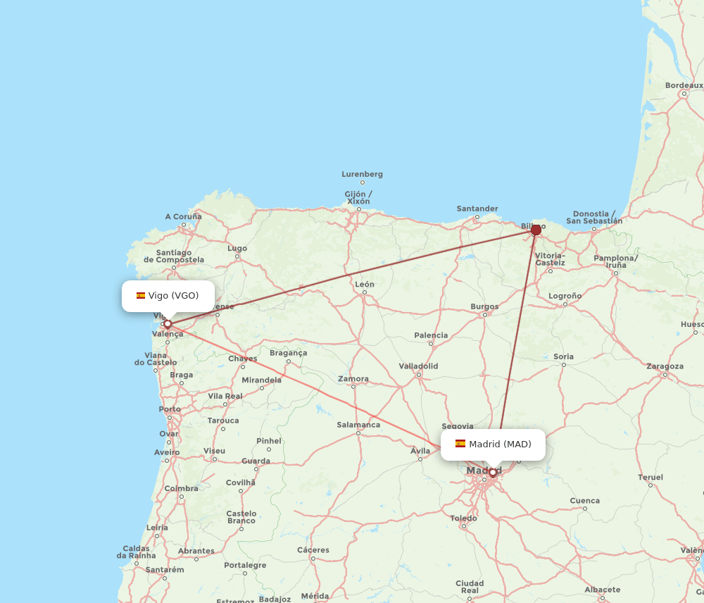 Vigo - Madrid route map and flight paths
