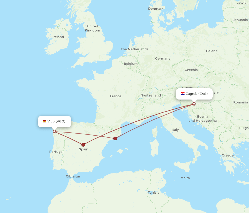 Zagreb - Vigo route map and flight paths