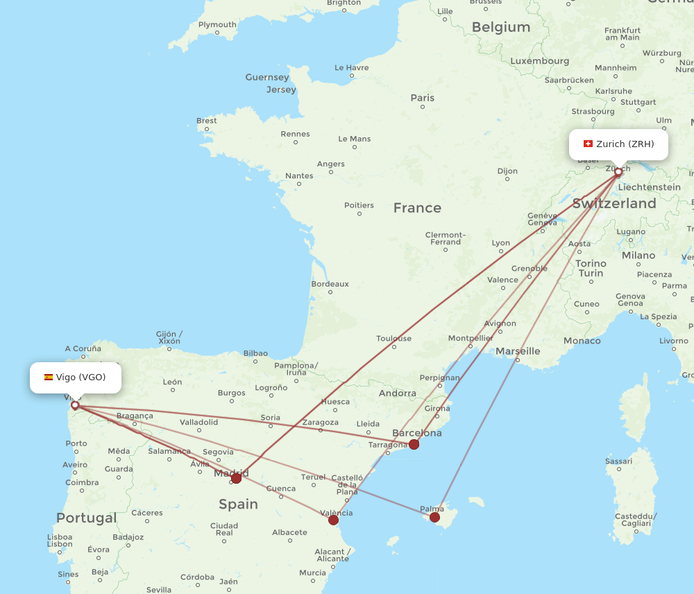 ZRH to VGO flights and routes map