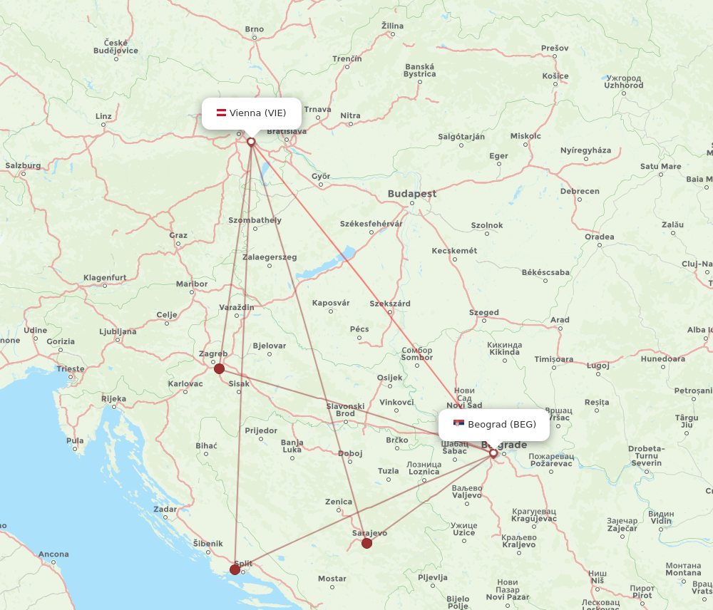 VIE to BEG flights and routes map