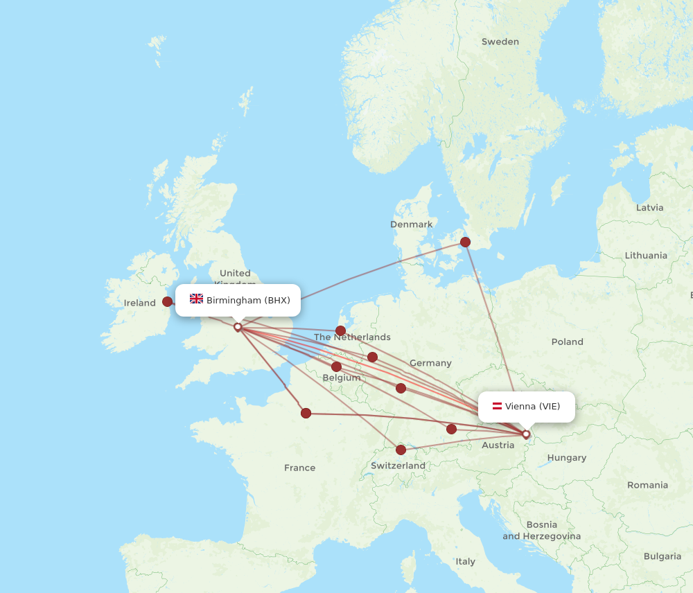 VIE to BHX flights and routes map