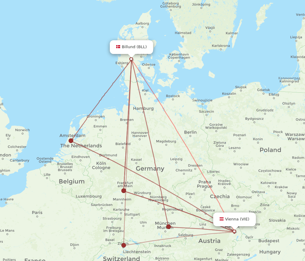 VIE to BLL flights and routes map
