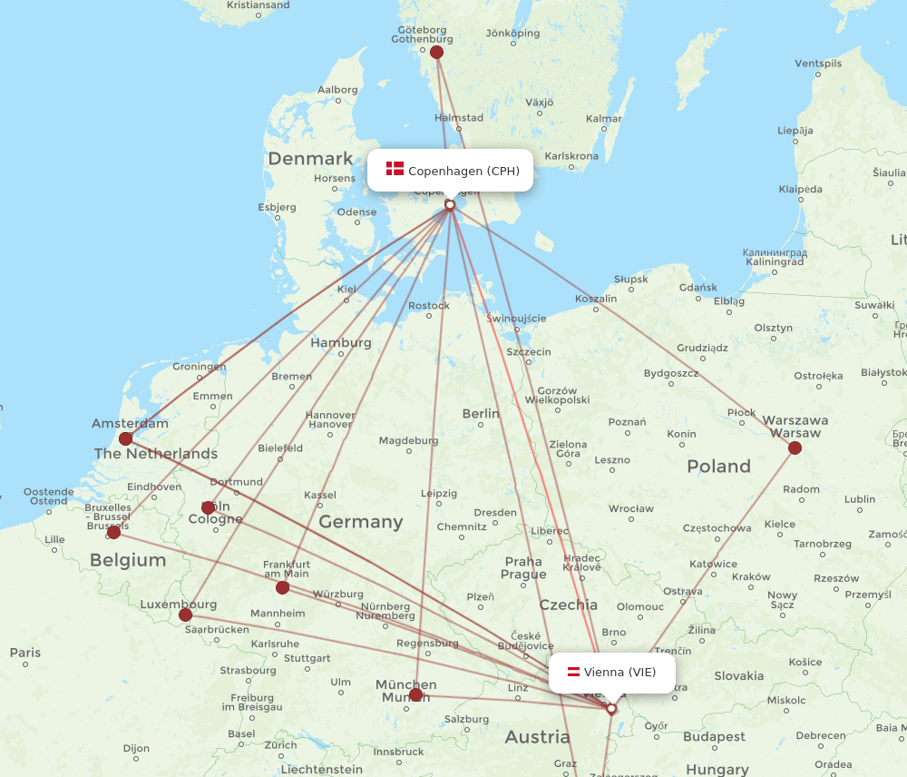 VIE to CPH flights and routes map