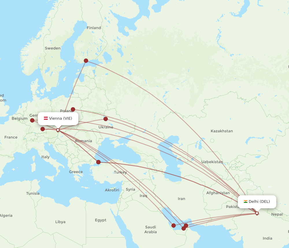VIE to DEL flights and routes map