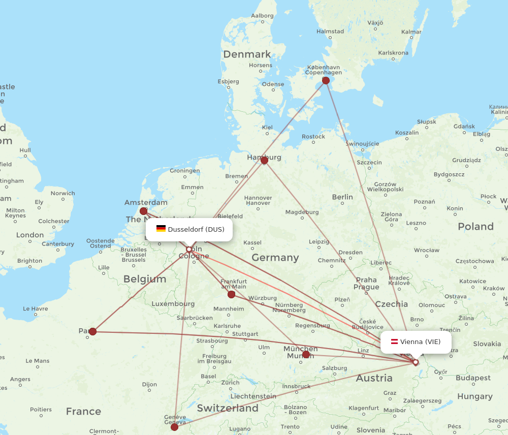 VIE to DUS flights and routes map