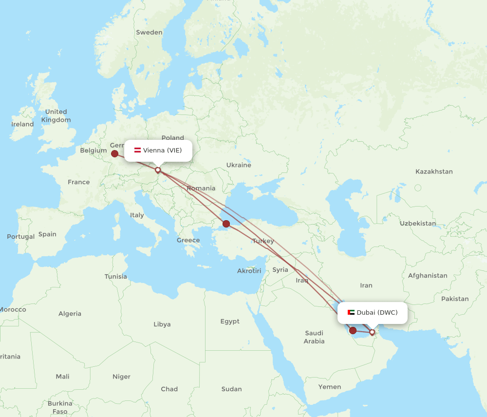 VIE to DWC flights and routes map