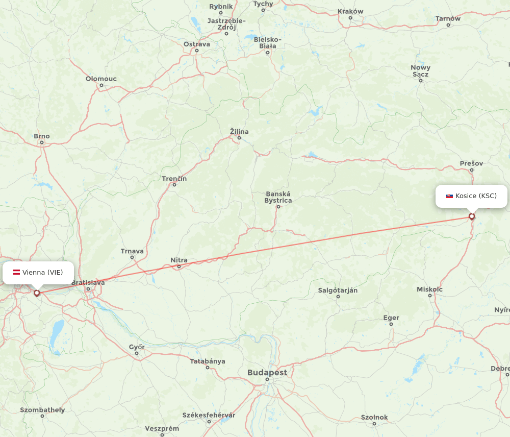 Vienna - Kosice route map and flight paths