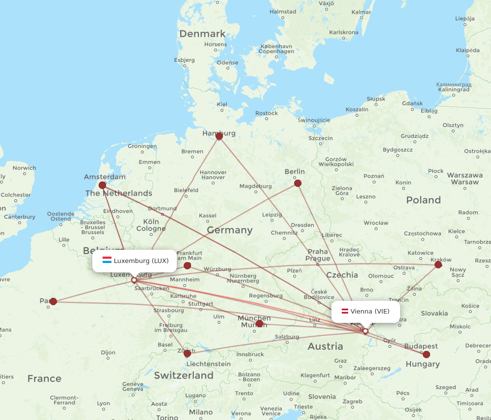 VIE to LUX flights and routes map