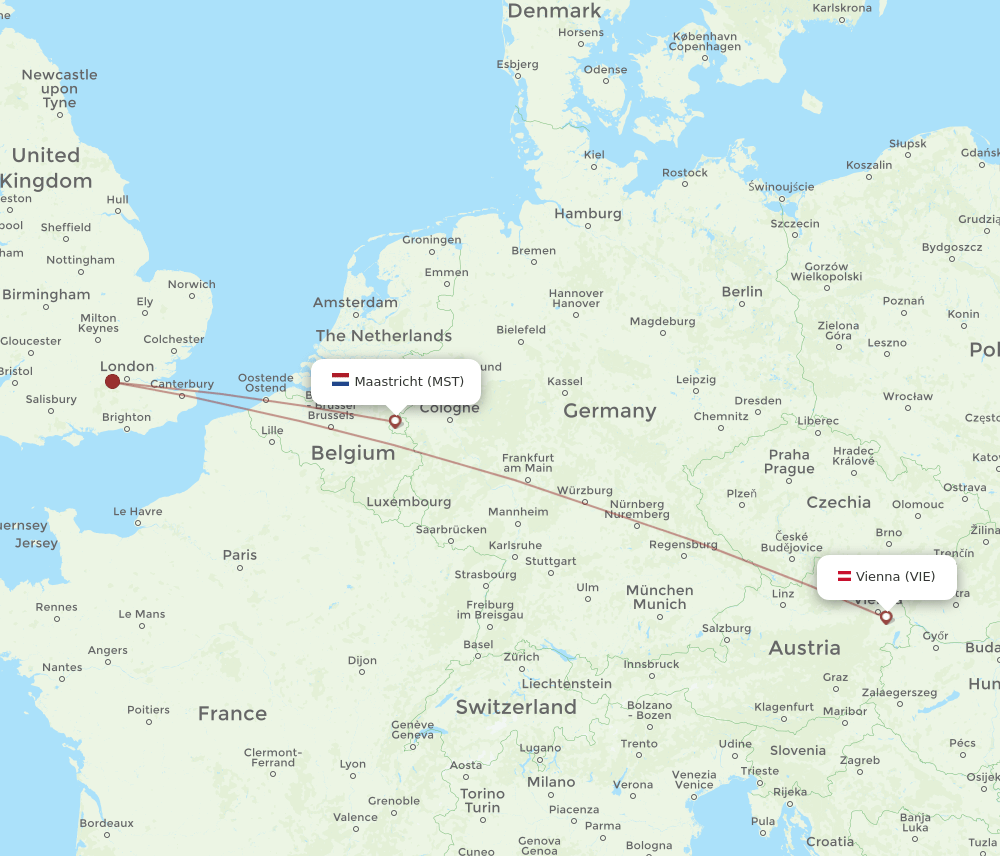Maastricht - Vienna route map and flight paths