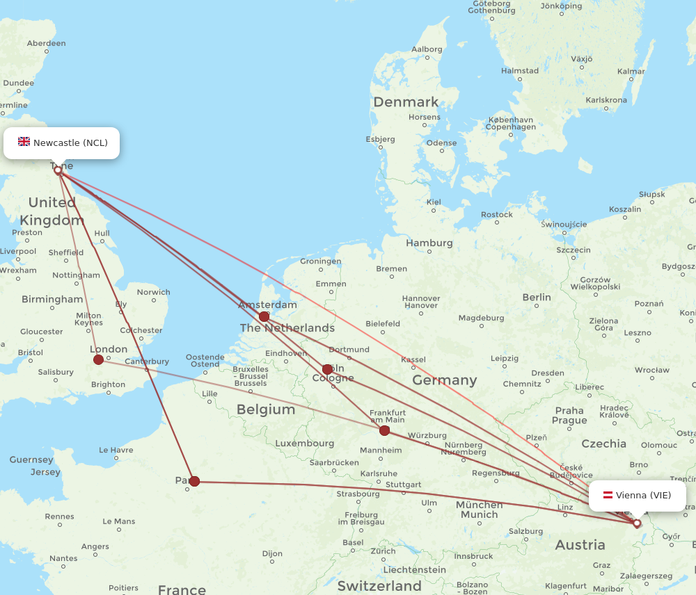 VIE to NCL flights and routes map