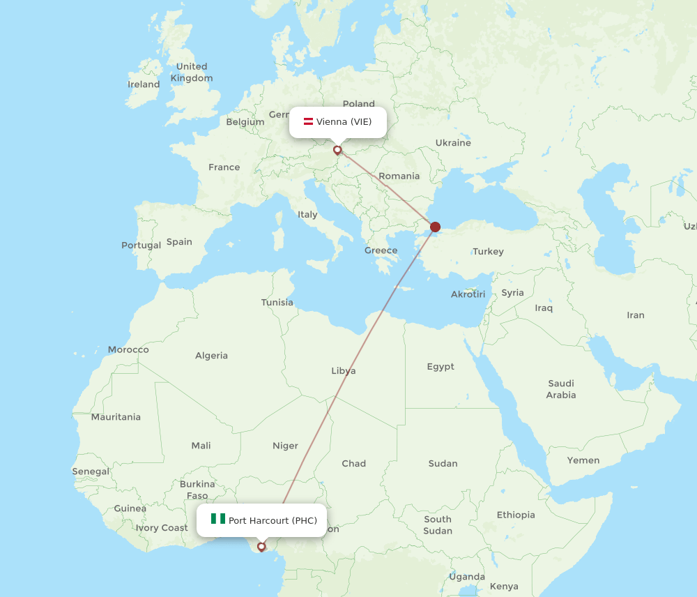 Port Harcourt - Vienna route map and flight paths