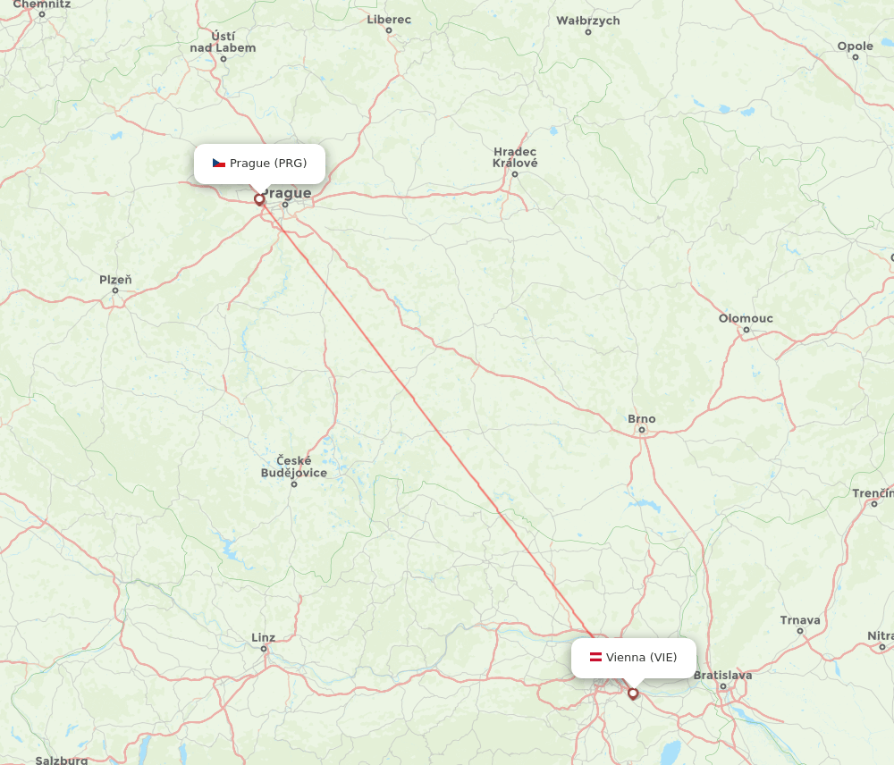 Vienna - Prague route map and flight paths