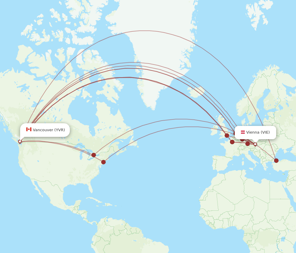 Vancouver - Vienna route map and flight paths