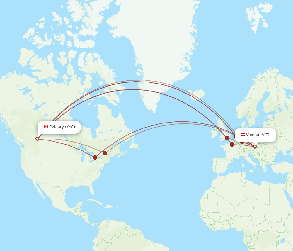 Calgary - Vienna route map and flight paths